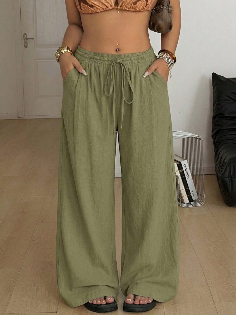 Army Green Women's Plus Size Oversized Drawstring Waist Loose High-Waist Pants - Picture 5 of 5